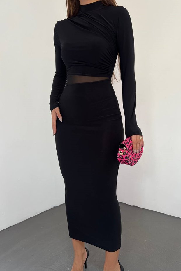 Women's Sandy Fabric Tulle Low-cut Detailed Stand Collar Midi Length Pencil Stretchy Dress 10957
