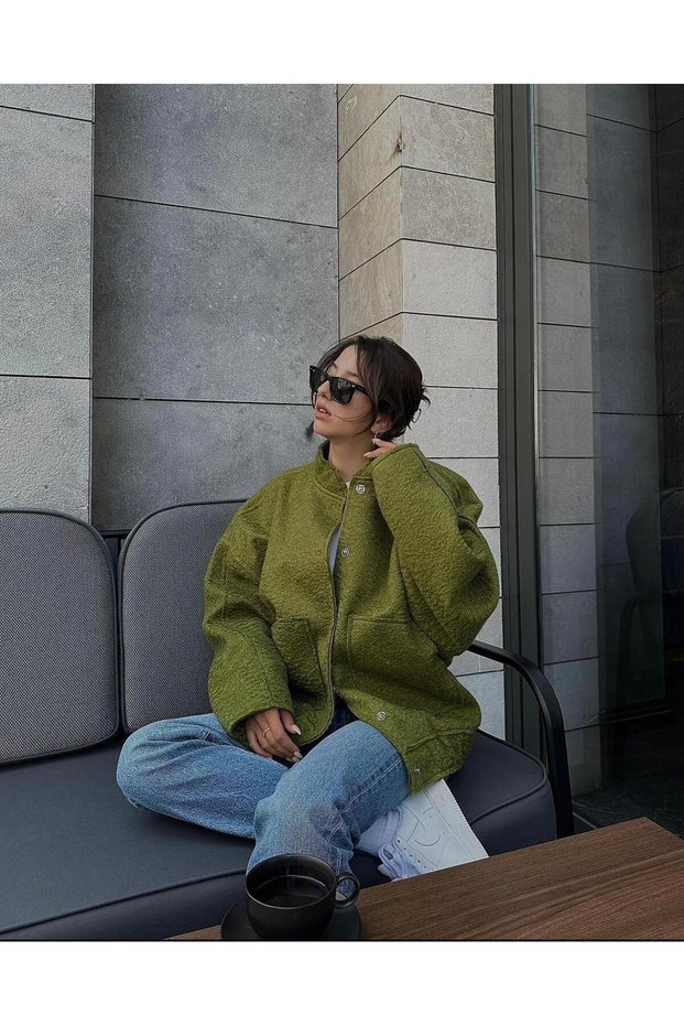 jujü oversize marl detail pocket snap closure stamp wool look women's loose cut coat jacket
