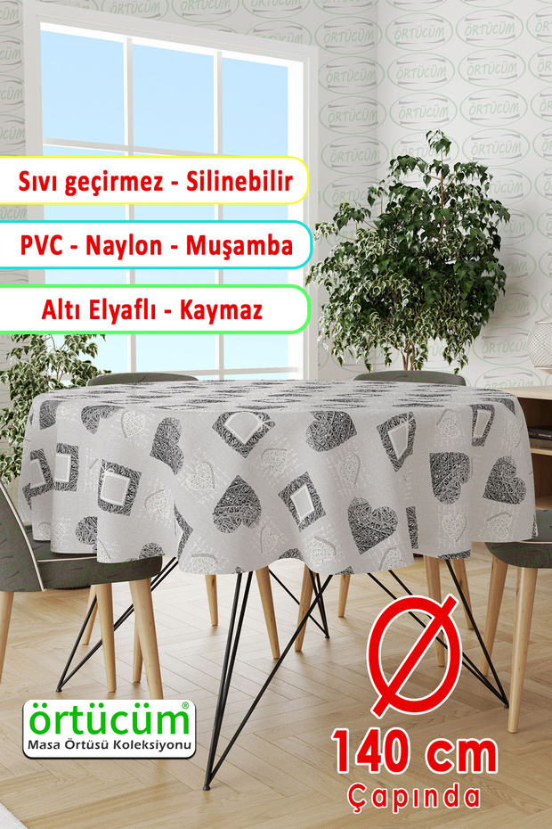 Yuvarlak Pvc Muşamba Mutfak Masa Örtüsü Elyaflı Astarlı Silinebilir Kalp Naylon Gri - 1