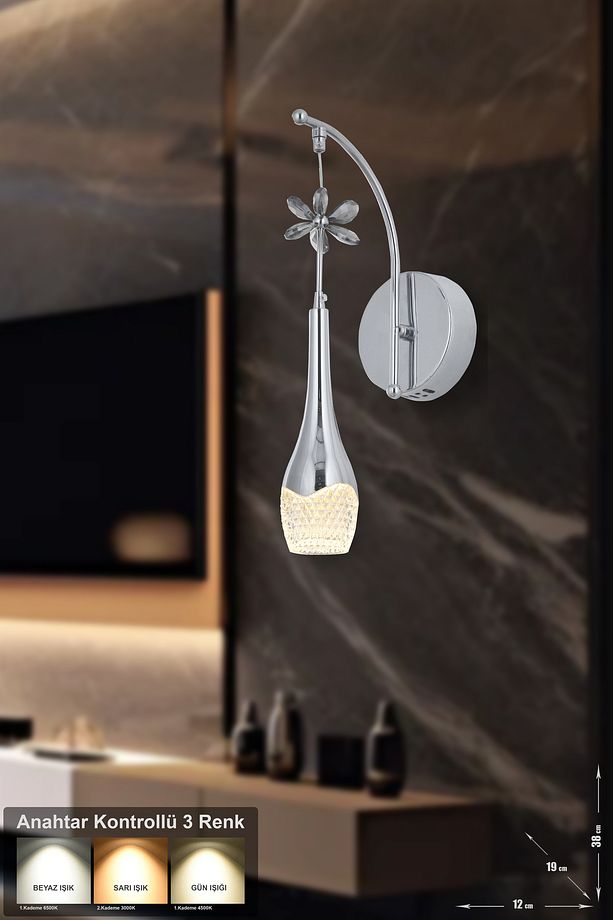 Lale Power Ledli Modern Lüks Duvar Aplik (3 RENK; SARI-BEYAZ-GÜN İŞIĞI) - Krom - 1