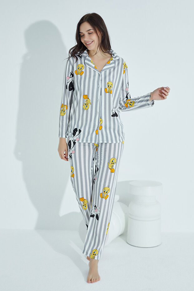 PAMUKLU DÜĞMELİ PİJAMA TAKIM - 4