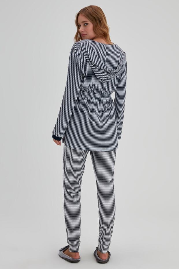 Granatowy, bawełniany szlafrok w paski - 3