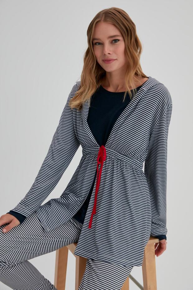 Granatowy, bawełniany szlafrok w paski - 1