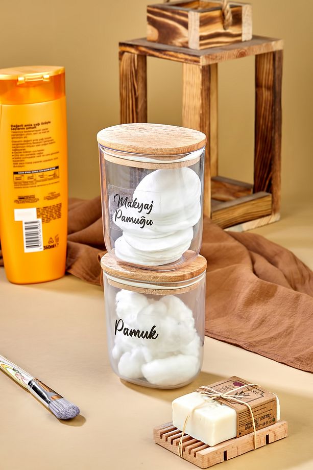 2'li Ahsap Kapaklı Pamuk & Makyaj Pamuğu Saklama Kutusu - Organizeri 400 Ml Akrilik Set - 1