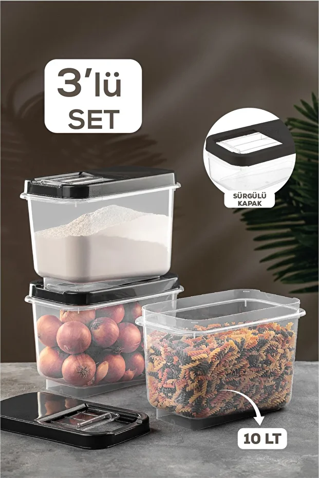 3-Piece 10 Lt Pulses Storage Container - Food Storage Container with Sliding Lid Flour Container Anthracite - 1