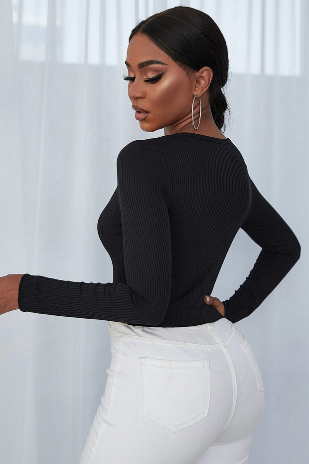 Kadın Siyah Uzun Kollu Düğmeli Göğüs ve Göbek Dekolteli Crop Top Bluz - 2