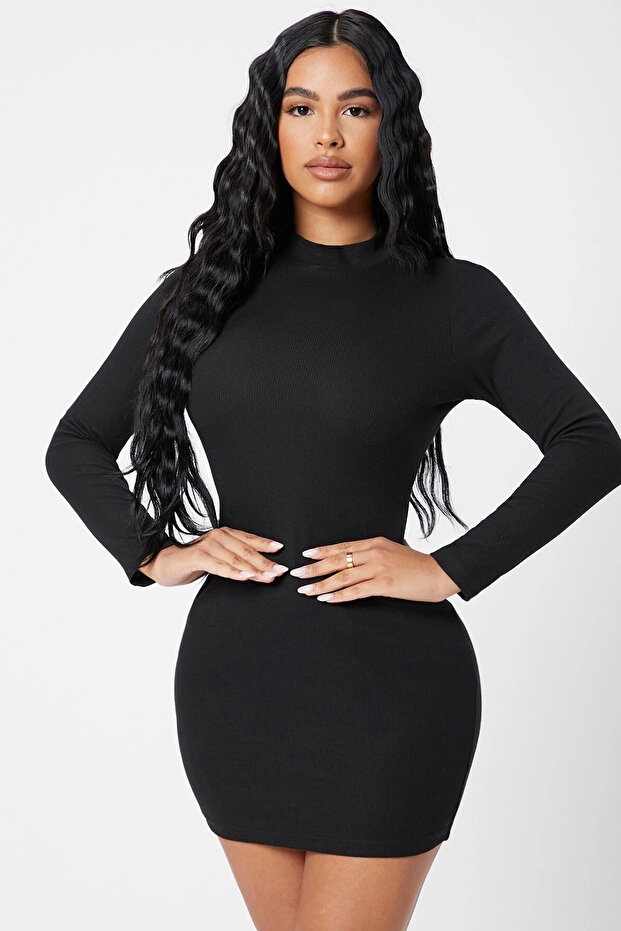 Kadın Siyah Kaşkorse Balıkçı Yaka Uzun Kollu Bodycon Mini Elbise - 4