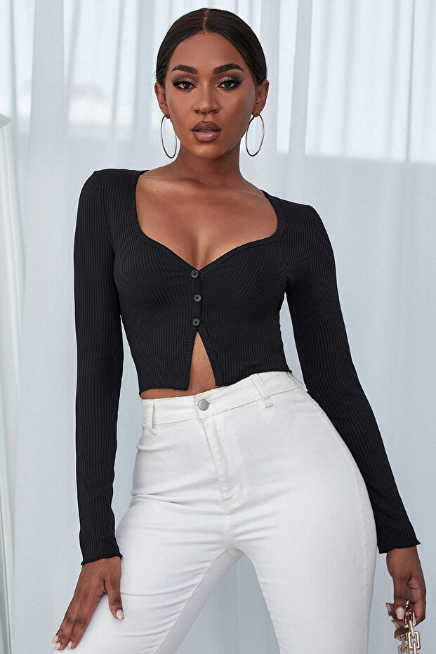 Kadın Siyah Uzun Kollu Düğmeli Göğüs ve Göbek Dekolteli Crop Top Bluz - 4