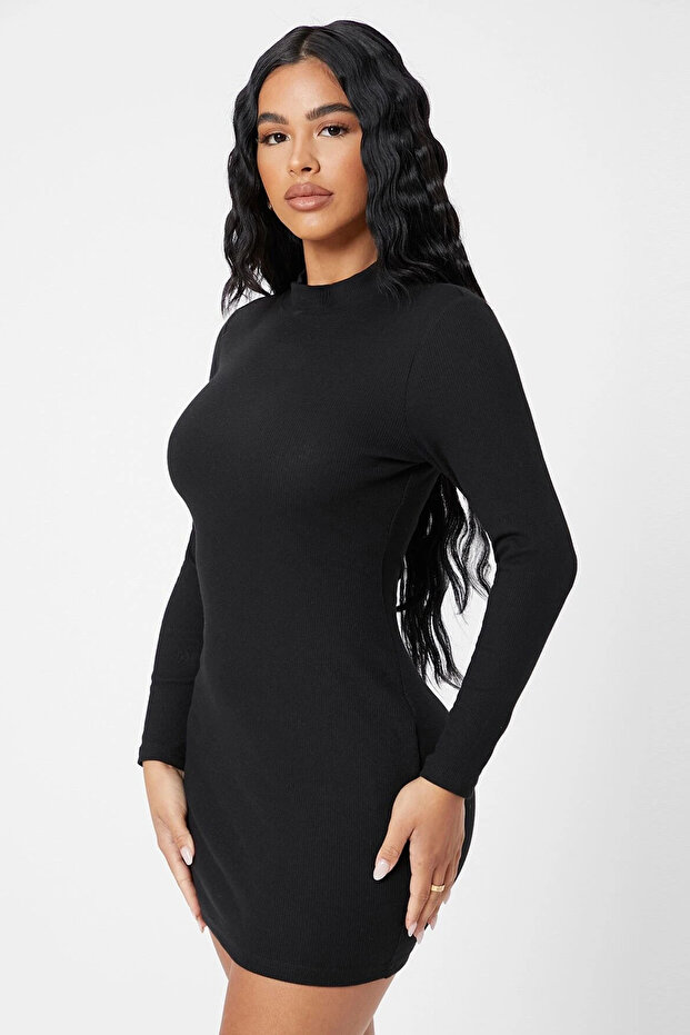 Kadın Siyah Kaşkorse Balıkçı Yaka Uzun Kollu Bodycon Mini Elbise - 6