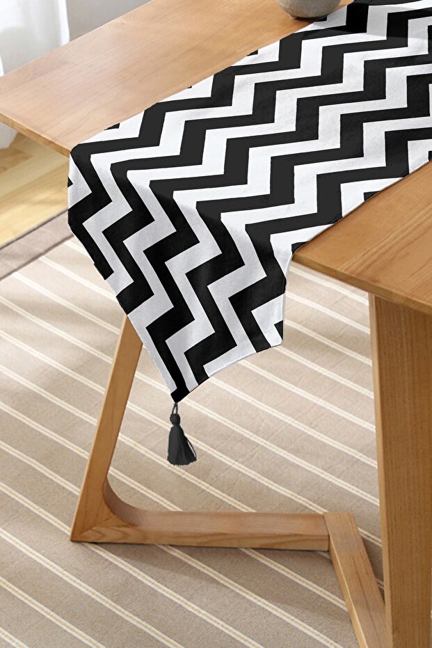 Geometric Lines: Zigzag Patterned Black Tasseled Runner, Tablecloth - 2