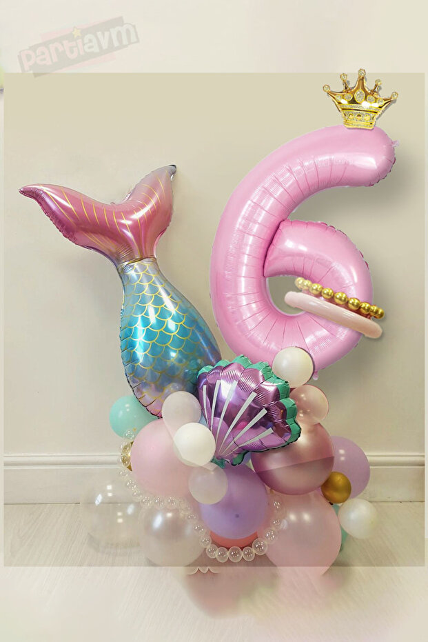Mermaid Balloon Bouquet with Queen Crown Pink Figure Balloon Sea Shell Full Set