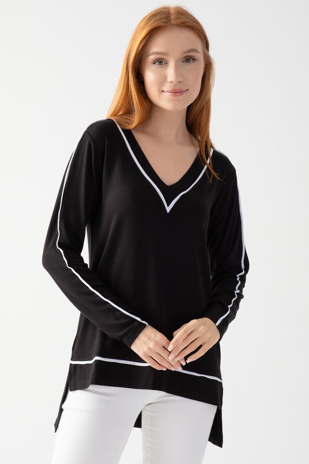 Women's Black Collar White Piping Detailed Side Slit Blouse