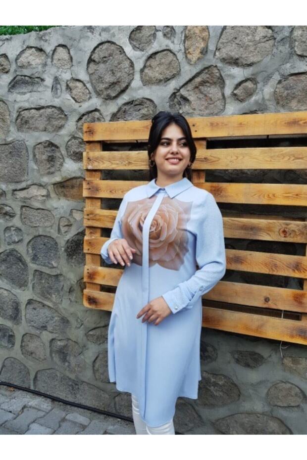 Women's Blue Patterned Hijab Tunik