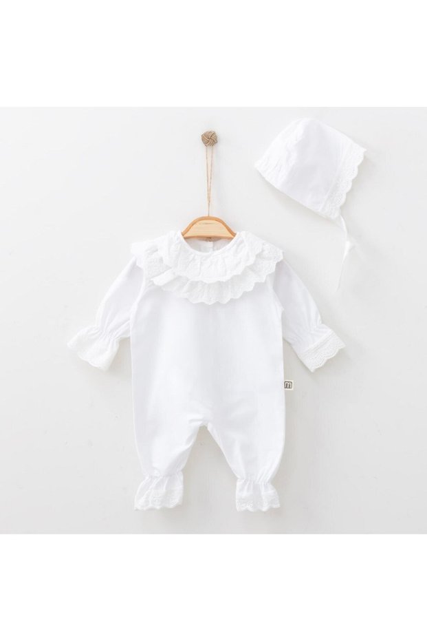 Newborn Baby Girl Rosa Rompers Set Terikoton Lace Lora Hat Woven Baby Set Ecru