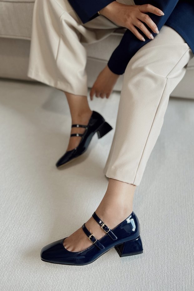 Women's Mary Jane Navy Blue Patent Leather Closed Back Double Tape Square Toe Helmet Short Block Heeled Shoes