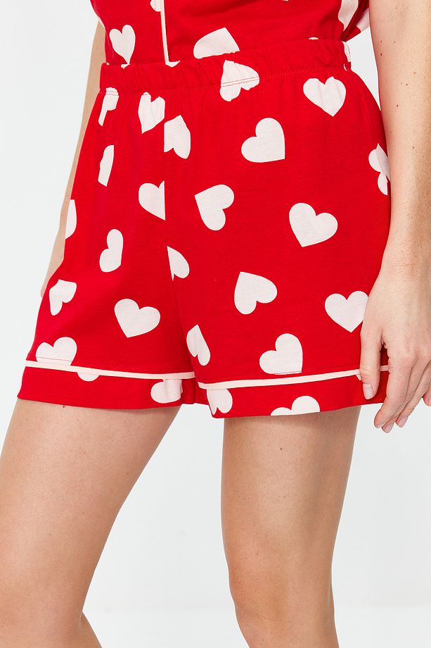 Kırmızı %100 Pamuklu Kalpli Biye Detaylı Şortlu Örme Pijama Takımı THMSS21PT1200 - 7