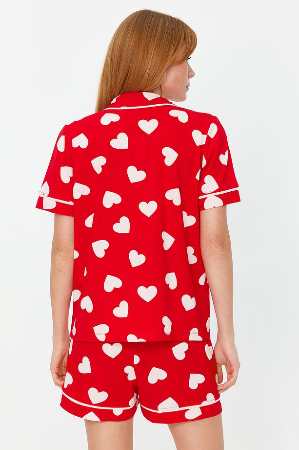 Kırmızı %100 Pamuklu Kalpli Biye Detaylı Şortlu Örme Pijama Takımı THMSS21PT1200 - 6
