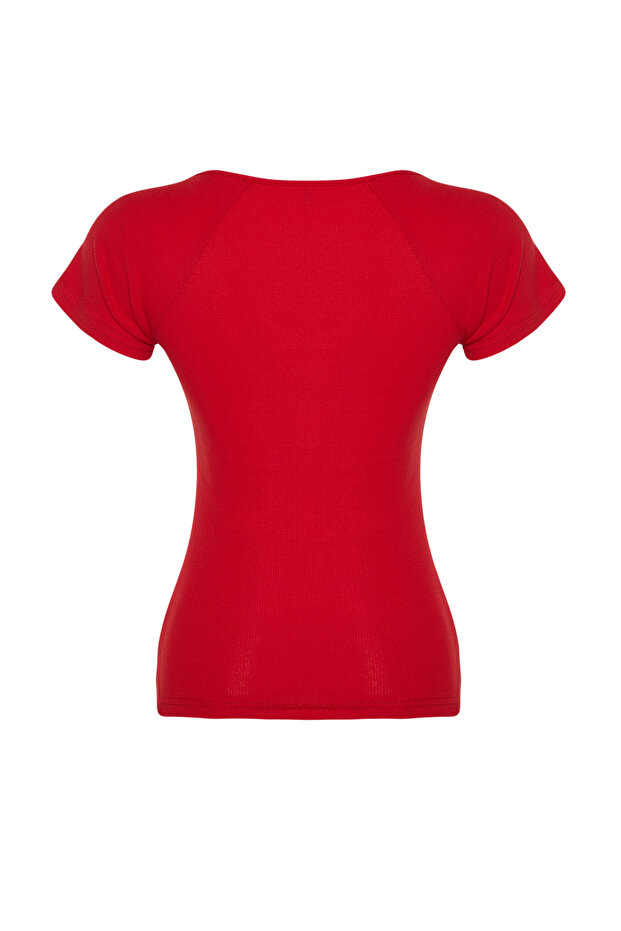 Kırmızı Fitted/Vücuda Oturan Fitilli Pamuk Esnek Örme Bluz TWOSS21BZ0579 - 8