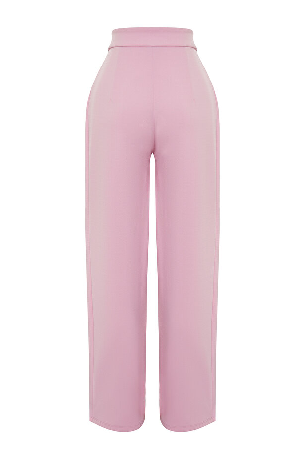 Pembe Cırt Cırt Kapamalı Yüksek Bel Pileli Wide Leg/Geniş Kesim Örme Pantolon TWOAW24PL00177 - 7