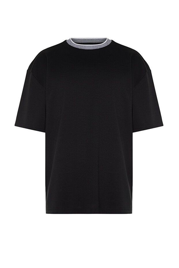 Premium Siyah Oversize/Geniş Kesim Triko Bantlı Dokulu Pike T-Shirt TMNSS23TS00079 - 7