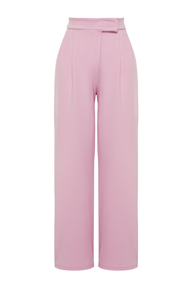 Pembe Cırt Cırt Kapamalı Yüksek Bel Pileli Wide Leg/Geniş Kesim Örme Pantolon TWOAW24PL00177 - 6