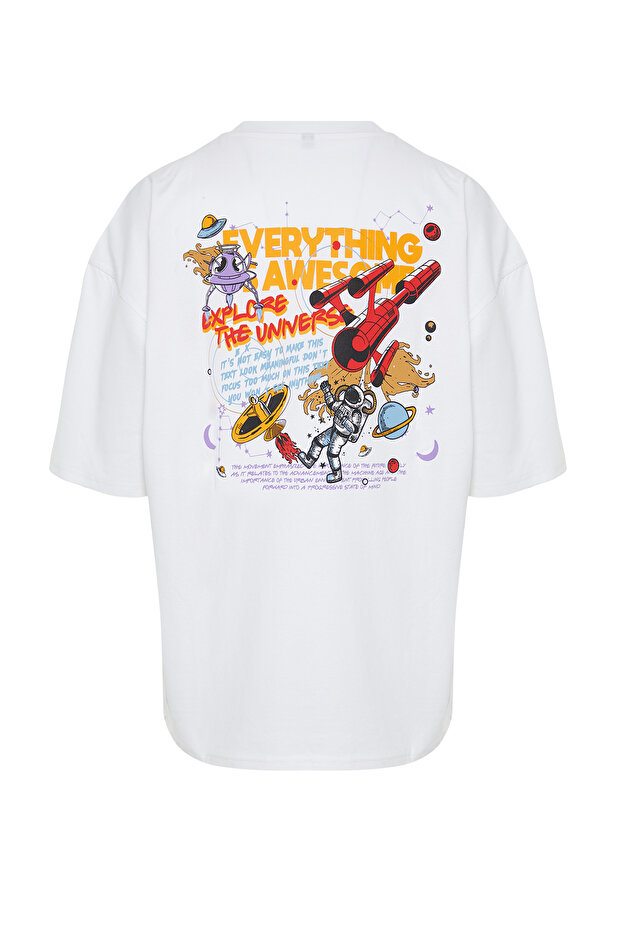 Beyaz Oversize/Geniş Kesim Uzay Baskılı %100 T-Shirt TMNSS24TS00085 - 6