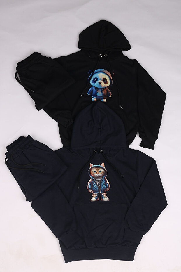 2-Piece Printed Bottom-Top Kangaroo Pocket and Hooded Tracksuit Set 9-16 Years 4 Pieces