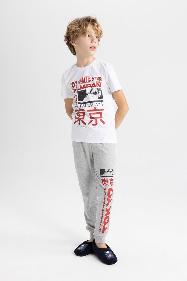 Erkek Çocuk Pijama Takımı Bisiklet Yaka Baskılı Kısa Kollu Üst Uzun Alt C0623a824sp - 1