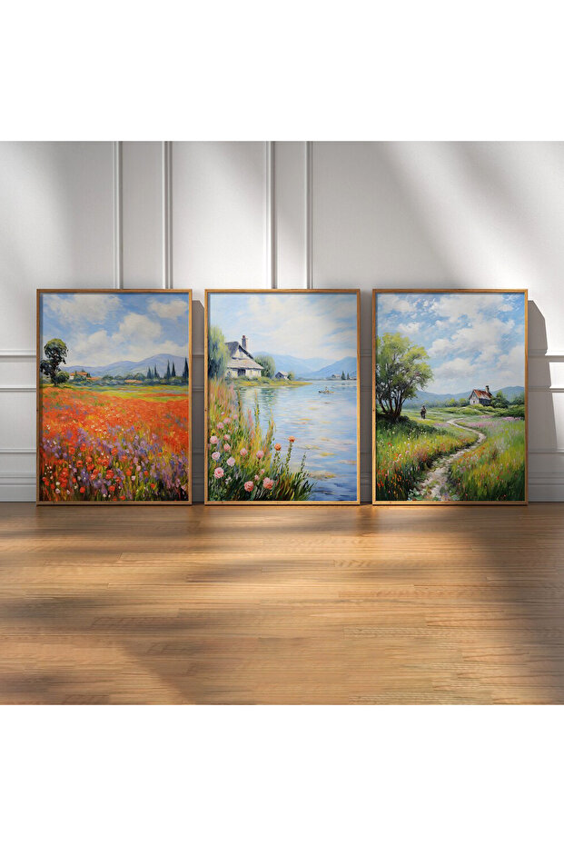 3 Piece Wooden Framed Painting Set Lake Landscape
