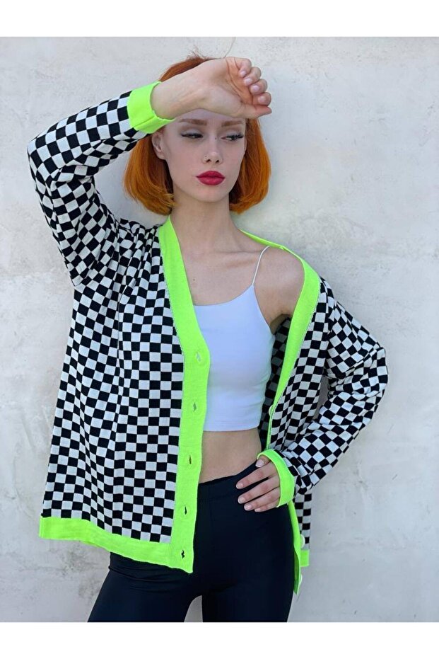 Neon Green Striped Checkered Knitwear Cardigan