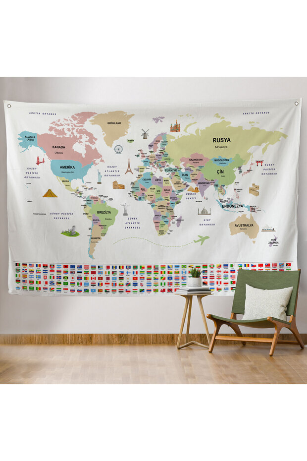 Wall Cover / Carpet Flag Detailed Turkish Current World Map -3966