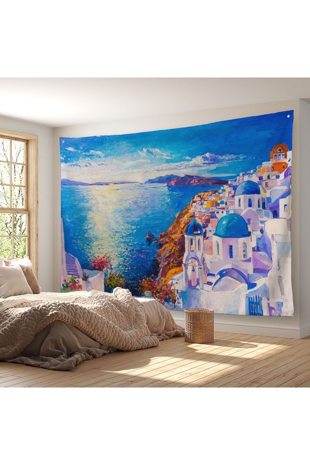 Wall Cloth Greece Santorini Oil Painting Look Canvas Wall Tapestry-4015