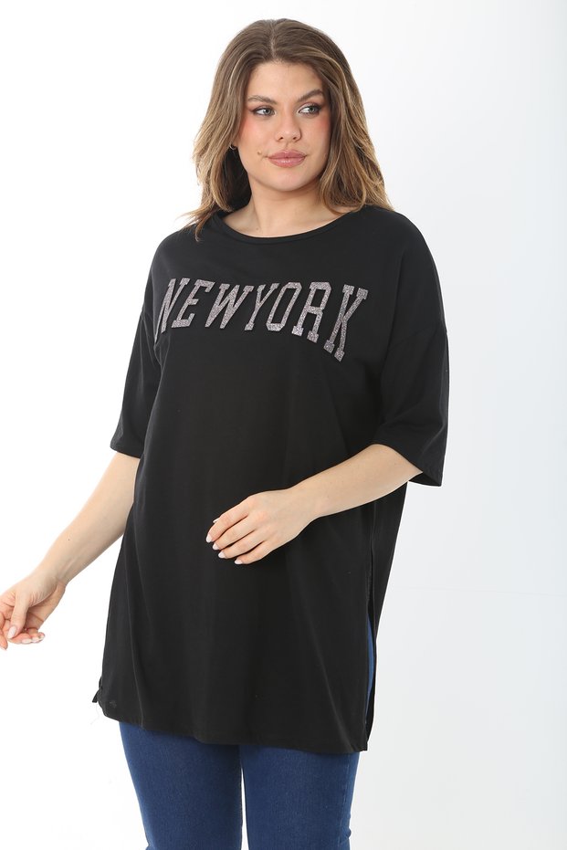 Women's Plus Size Black Jewelled and Glitter Detailed Side Slit Blouse 65N37466