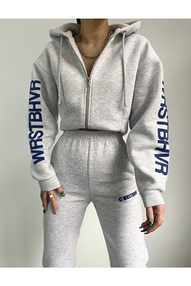 Gray Wrst Sleeve Letter Tracksuit Set