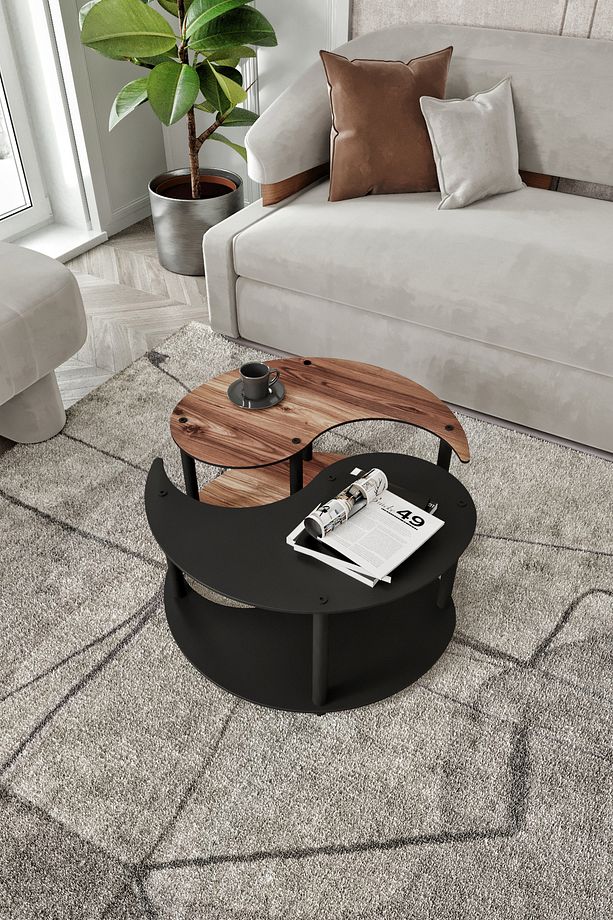 YİN YANG UNITY SERENITY ORTA SEHPA 2 Lİ TEKERLEKLİ SİYAH  CEVİZ 70 CM - 1