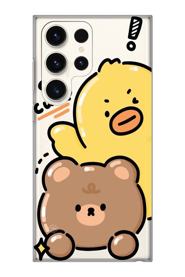 Samsung Galaxy S23 Ultra Compatible Cute Duck and Teddy Bear Patterned Transparent Phone Case