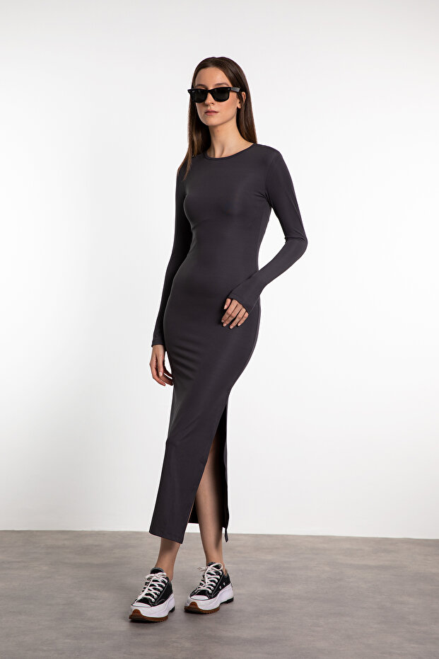Soft Touch Long Sleeve Slit Detailed Dress Smoked