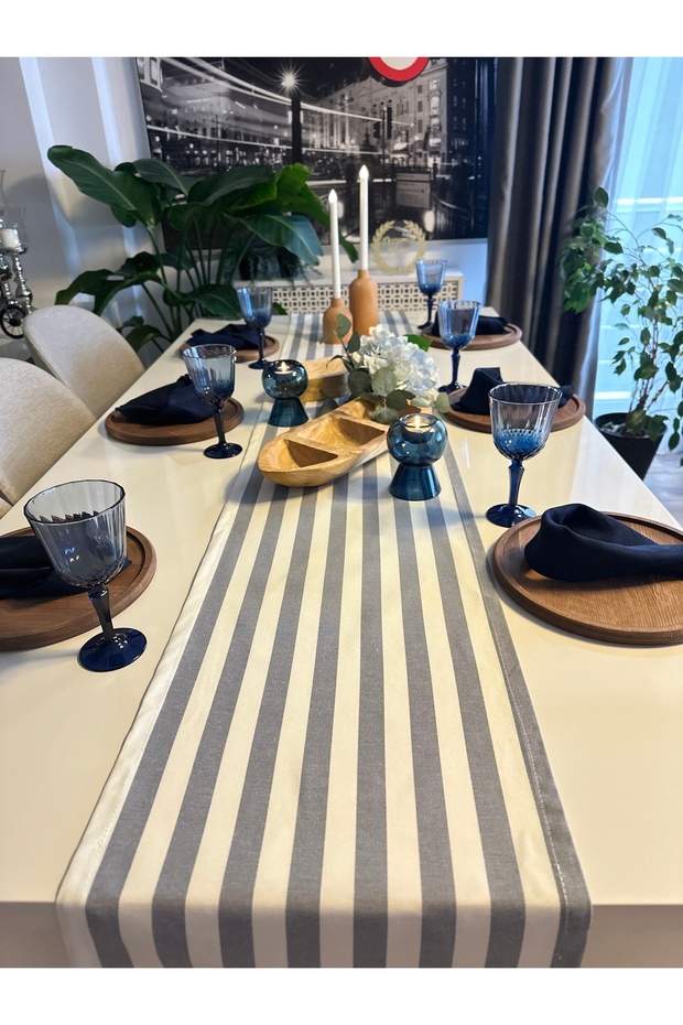 Lina Blue Striped Linen Long Runner, Stain-Resistant