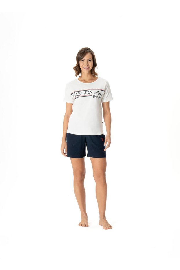 US Polo AssnWomen's Ecru Wide Collar T-Shirt Shorts Set 024Y.Z1E.TA.6G.R9.8P.5