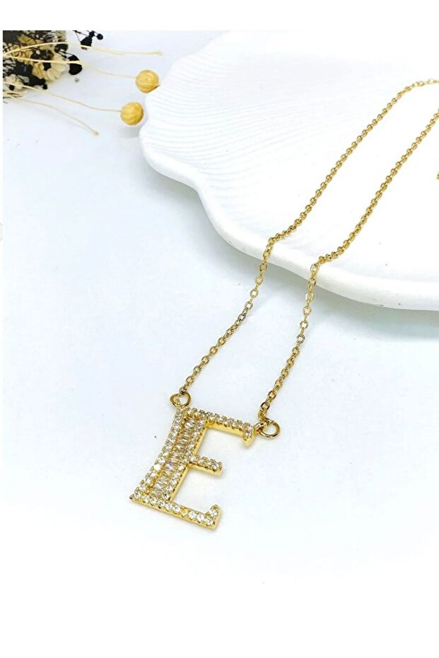 Gold Renk Çelik E Harfli Kolye - 1