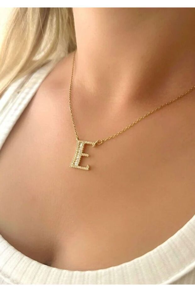 Gold Renk Çelik E Harfli Kolye - 2