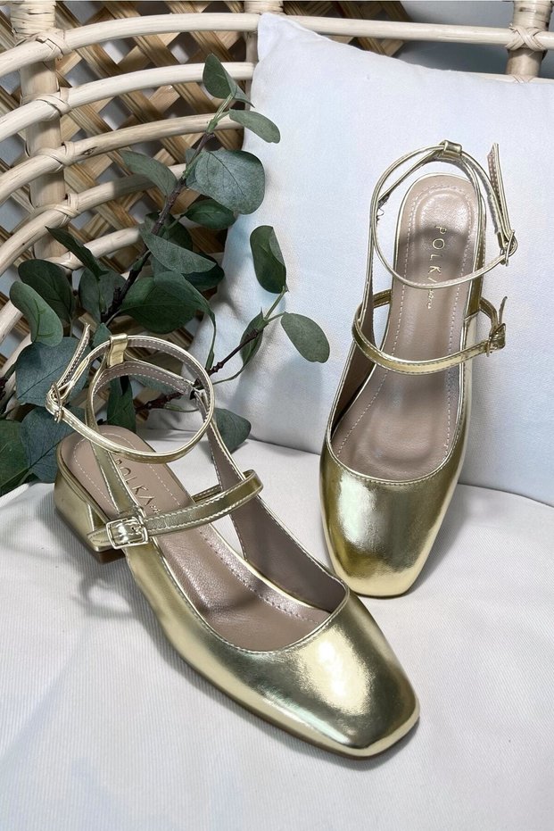 Women's Mary Jane Metallic Gold Dore Gold Open Back Square Toe Helmet Short Block Heeled Shoes