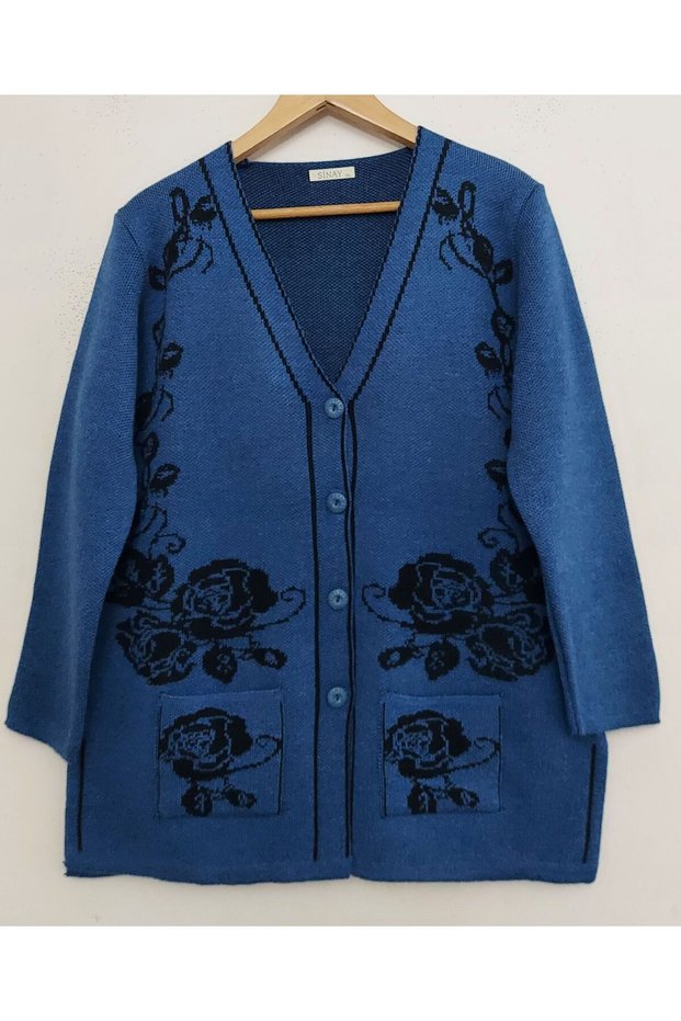 New Rose Patterned Mother's Knitwear Cardigan with Pockets, Buttons and Slits