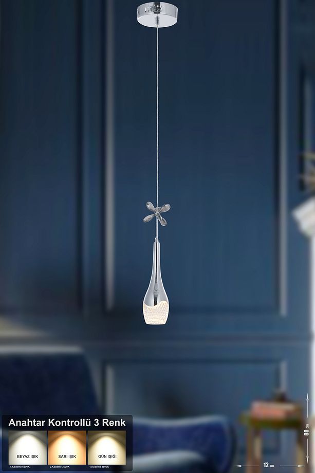 Lale Tekli Ledli Modern Lüks Sarkıt Avize (3 RENK LED; SARI - BEYAZ - GÜN İŞIĞI) - Krom - 1