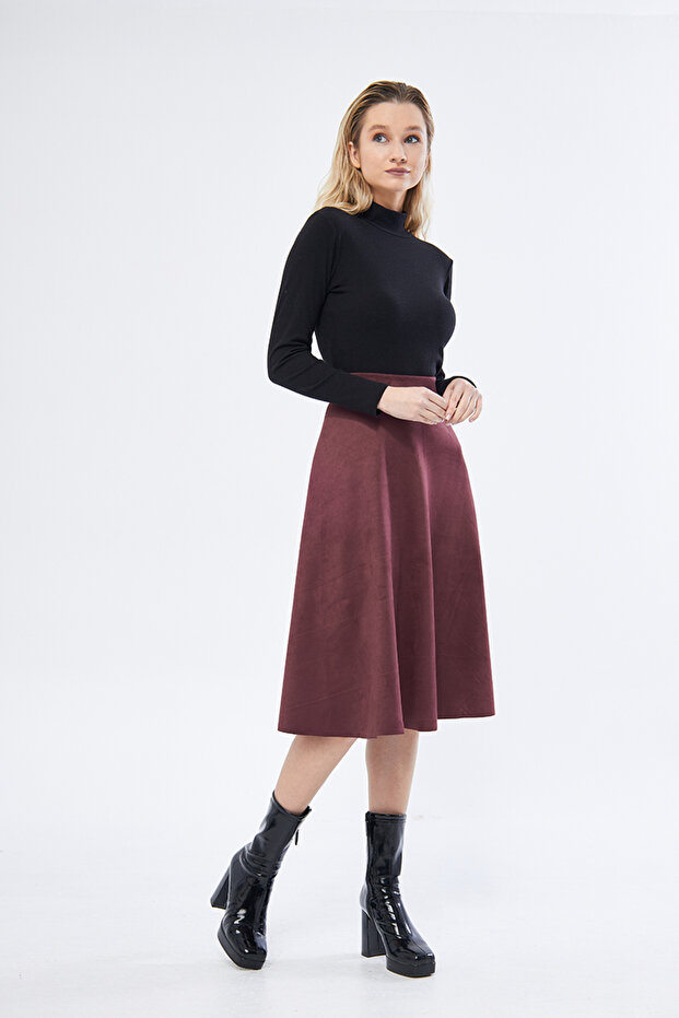 Midi Size Suede Kiloş Skirt Cherry