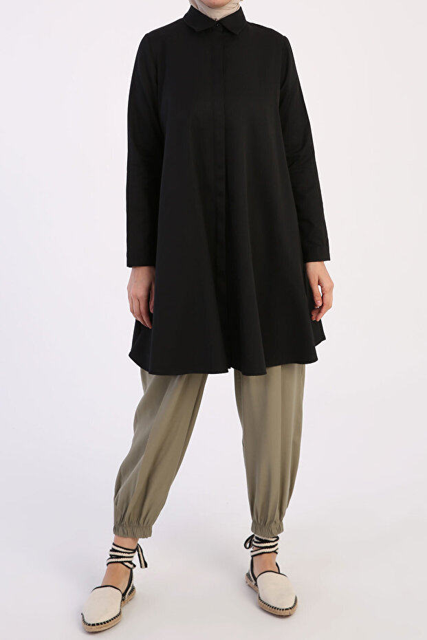 Black Basic Flared Shirt Tunic - 2