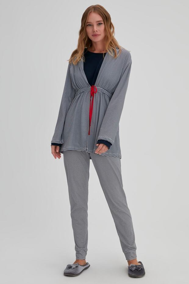 Granatowy, bawełniany szlafrok w paski - 2