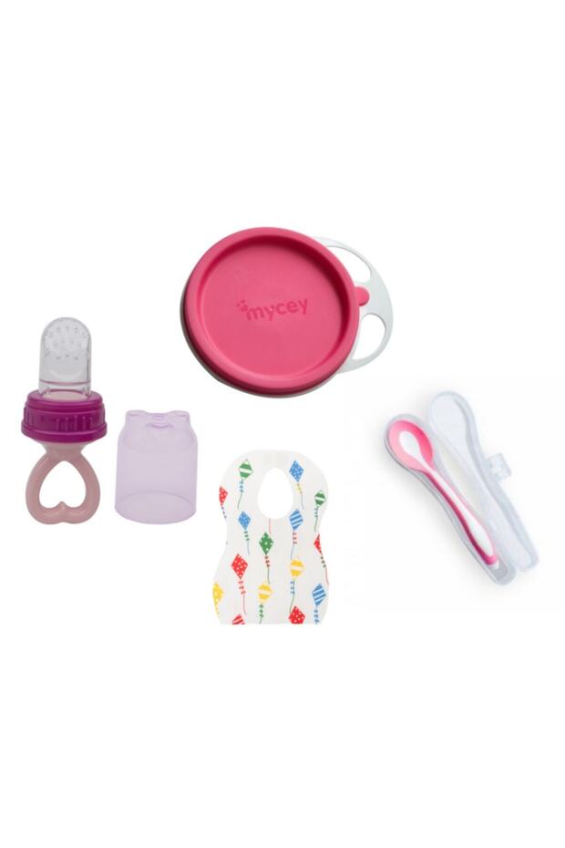 4-Piece Feeding Set Pink (Food Plate + Boxed Food Spoon + Silicone Fruit Pacifier + Bib)
