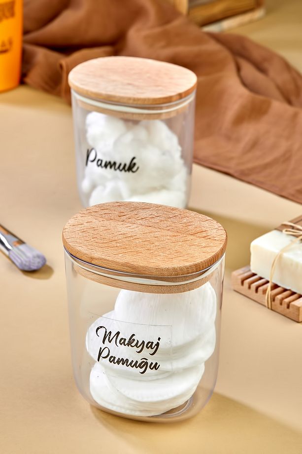 2'li Ahsap Kapaklı Pamuk & Makyaj Pamuğu Saklama Kutusu - Organizeri 400 Ml Akrilik Set - 3