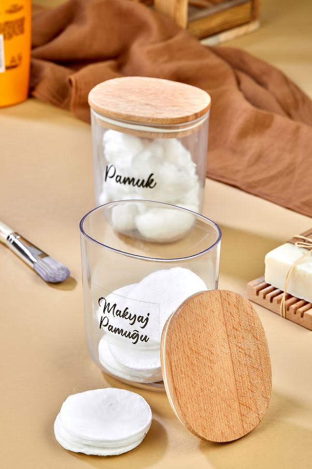 2'li Ahsap Kapaklı Pamuk & Makyaj Pamuğu Saklama Kutusu - Organizeri 400 Ml Akrilik Set - 2